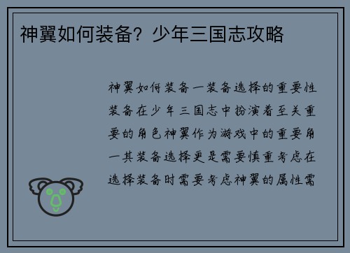 神翼如何装备？少年三国志攻略