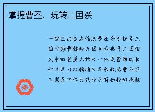 掌握曹丕，玩转三国杀