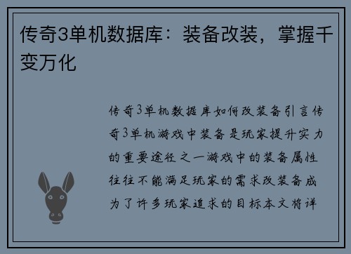 传奇3单机数据库：装备改装，掌握千变万化