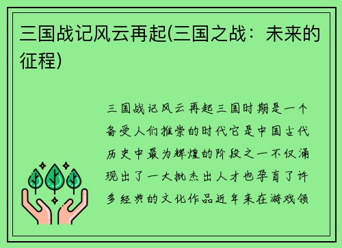 三国战记风云再起(三国之战：未来的征程)
